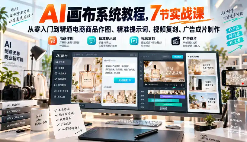 AI画布系统教程，7节实战课从零入门到精通电商商品作图、精准提示词、视频复刻、广告成片制作-三禾网络