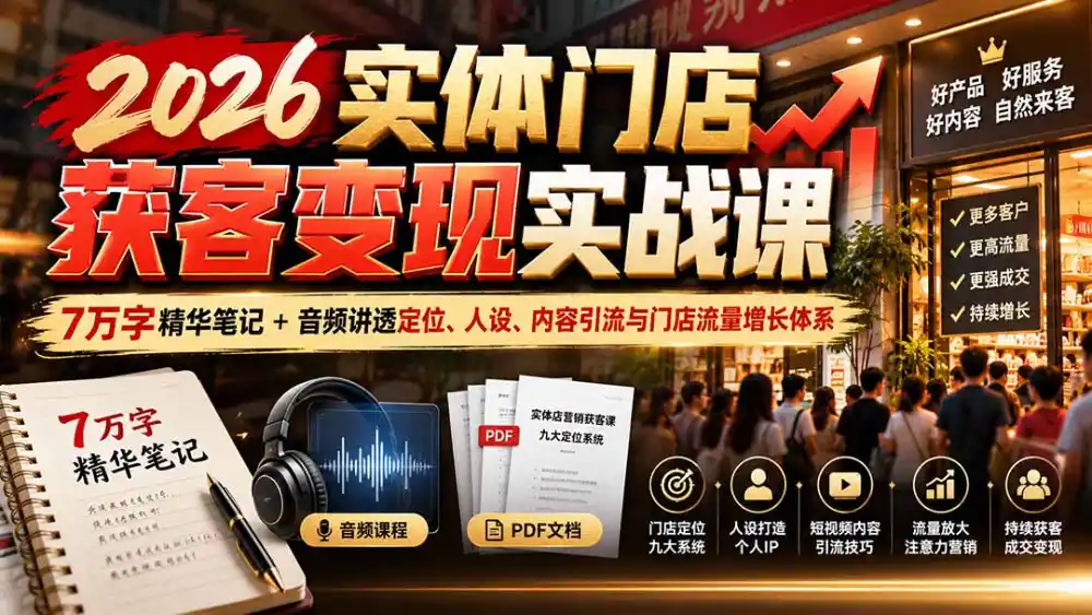2026实体门店获客变现实战课：7万字精华笔记+音频讲透定位、人设、内容引流与门店流量增长体系-三禾网络
