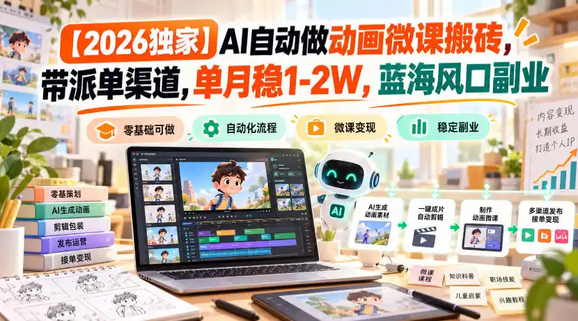 【2026独家】AI自动做动画微课搬砖,带派单渠道,单月稳1-2W,蓝海风口副业【揭秘】 【2026独家】AI自动做动画微课搬砖,带派单渠道,单月稳1-2W,蓝海风口副业【揭秘】