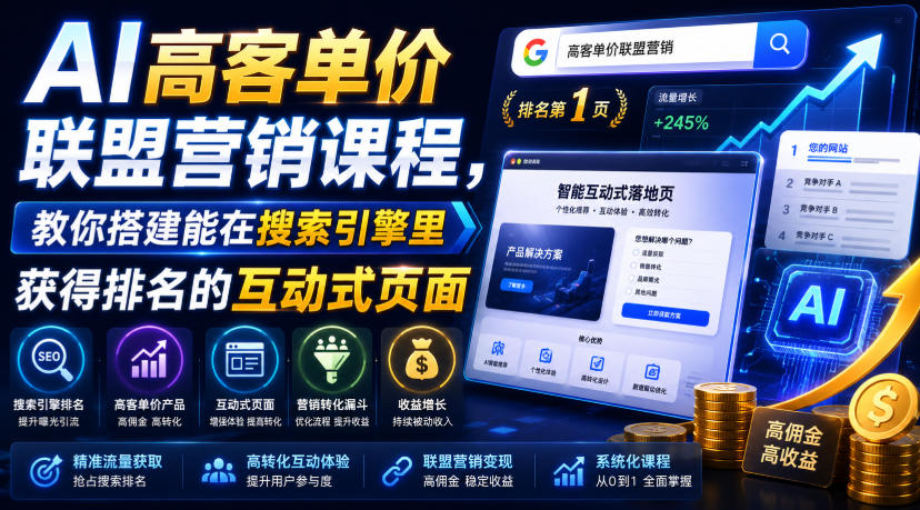 AI高客单价联盟营销课程，教你搭建能在搜索引擎里获得排名的互动式页面，引来流量，把访客转化为高佣金的成交【原创双语字幕】-三禾网络
