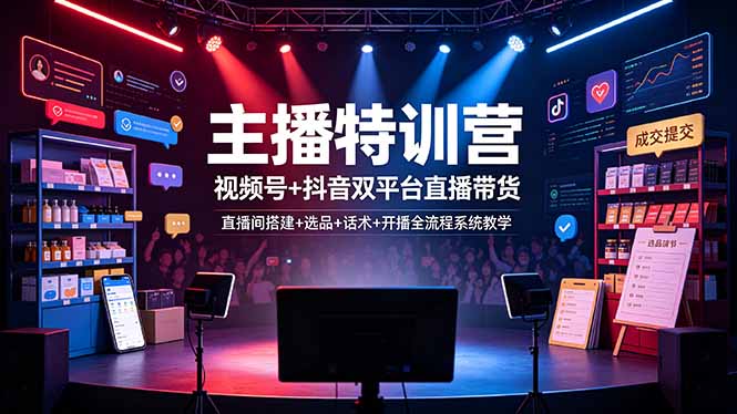 主播特训营：视频号+抖音双平台直播带货，直播间搭建+选品+话术+开播全流程系统教学-三禾网络
