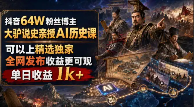 抖音64W粉丝博主大驴说史亲授AI历史课,可以上精选独家,全网发布收益更可观,单日收益1k+(更新) 抖音64W粉丝博主大驴说史亲授AI历史课,可以上精选独家,全网发布收益更可观,单日收益1k+(更新)
