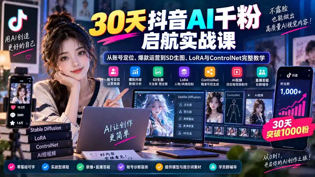 30天抖音AI千粉启航实战课：从账号定位、爆款运营到SD生图、LoRA与ControlNet完整教学-三禾网络