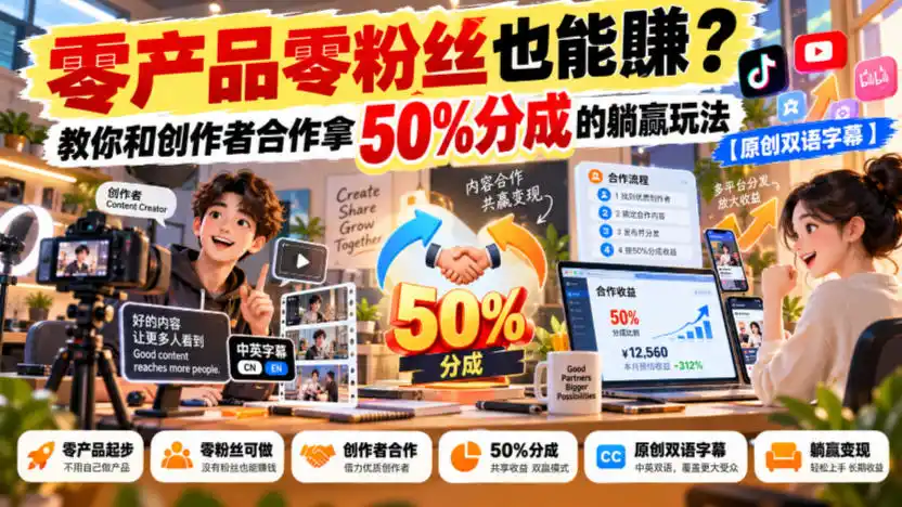 【无水印】零产品零粉丝也能賺?教你和创作者合作拿50%分成的躺赢玩法【原创双语字幕】-三禾网络