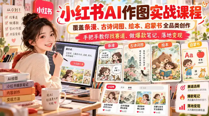 小红书AI作图实战课程，覆盖条漫、古诗词图、绘本、启蒙书全品类创作，手把手教你找赛道、做爆款笔记、落地变现(更新1009)-三禾网络