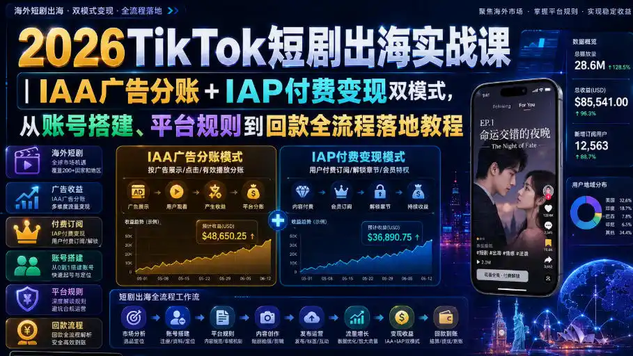 2026TikTok短剧出海实战课｜IAA广告分账+IAP付费变现双模式，从账号搭建、平台规则到回款全流程落地教程-三禾网络