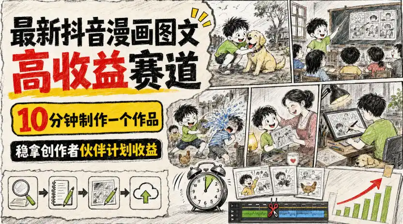 最新抖音漫画图文高收益赛道，10分钟制作一个作品，稳拿创作者伙伴计划收益-三禾网络