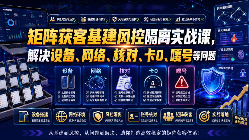 矩阵获客基建风控隔离实战课，解决设备、网络、核对、卡0、嘎号等问题-三禾网络