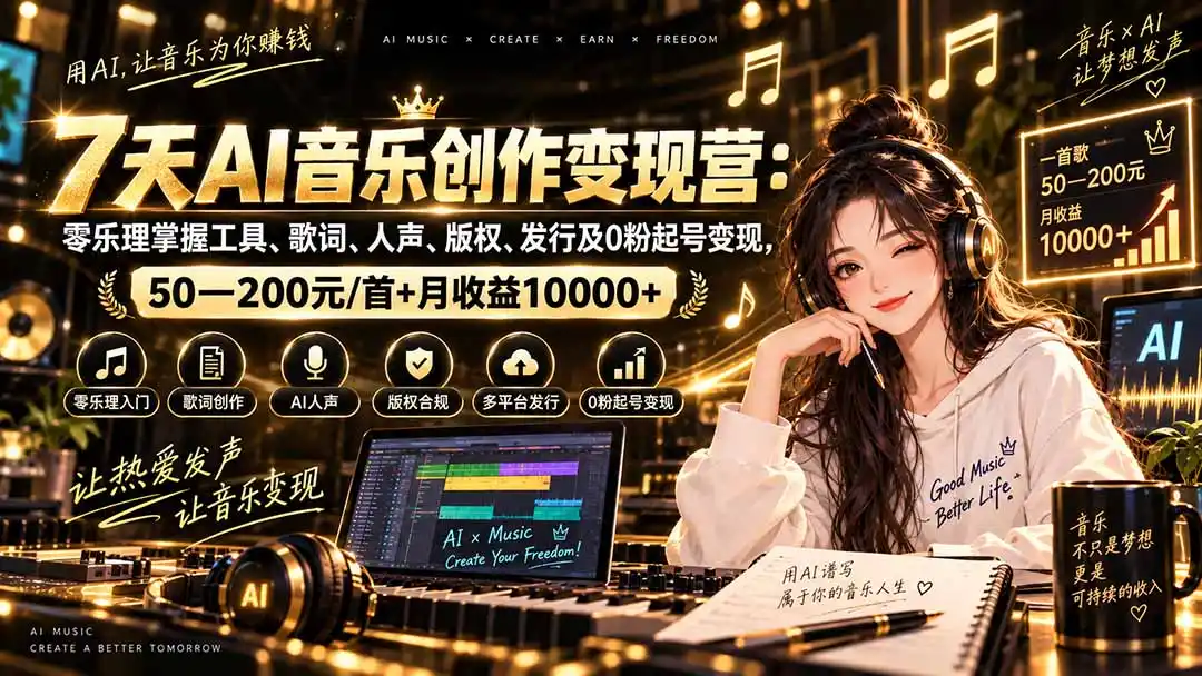 AI音乐创作变现营：零乐理掌握工具、歌词、人声、版权、发行及0粉起号变现，50—200元/首+月收益10000+