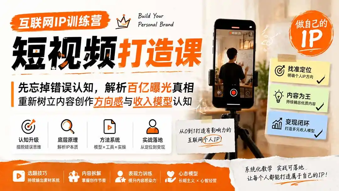 互联网IP训练营短视频打造课；先忘掉错误认知，解析百亿曝光真相，重新树立内容创作方向感与收入模型认知-三禾网络