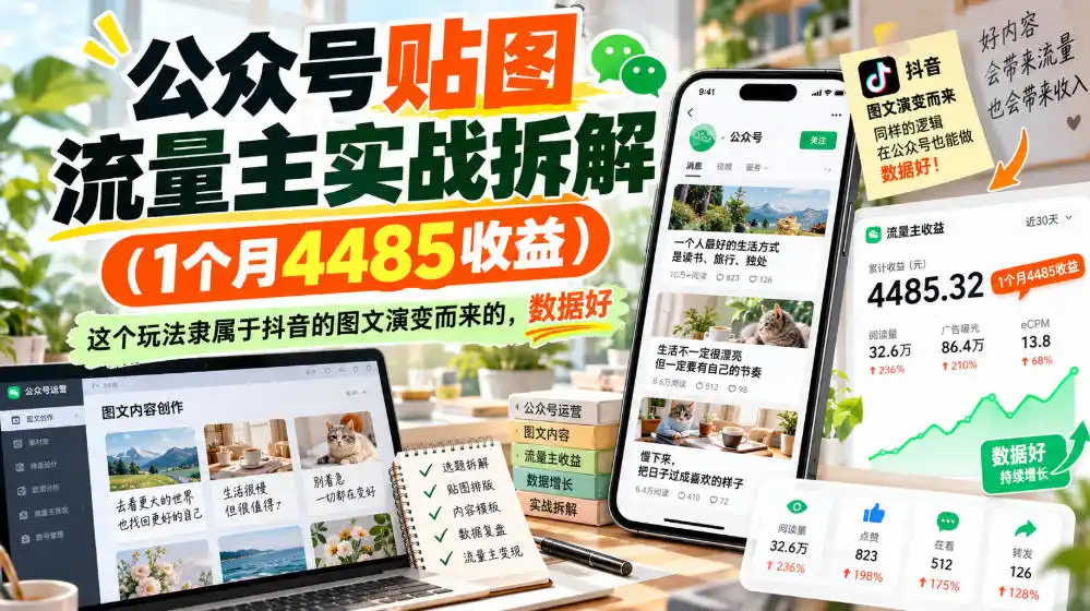 公众号贴图流量主实战拆解(1个月4485收益)，这个玩法隶属于抖音的图文演变而来的，数据好-三禾网络