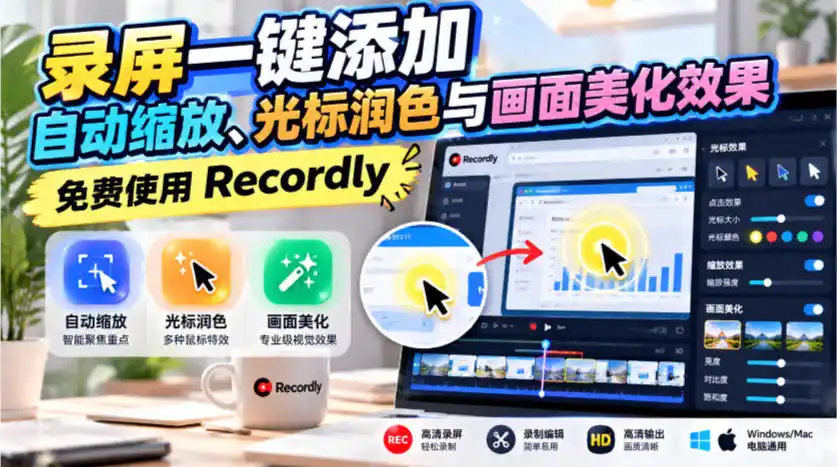 录屏一键添加自动缩放、光标润色与画面美化效果，免费使用Recordly-三禾网络