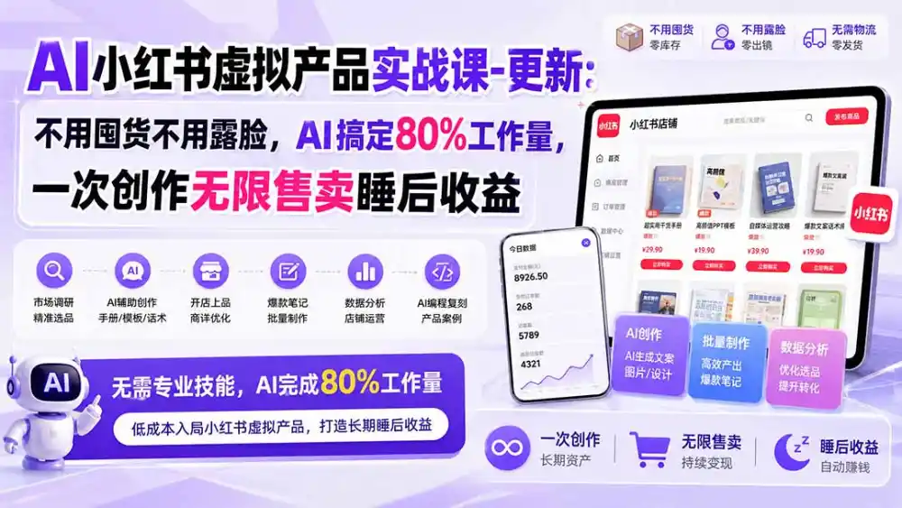 AI小红书虚拟产品实战课-更新1017：不用囤货不用露脸，AI搞定80%工作量，一次创作无限售卖睡后收益-三禾网络