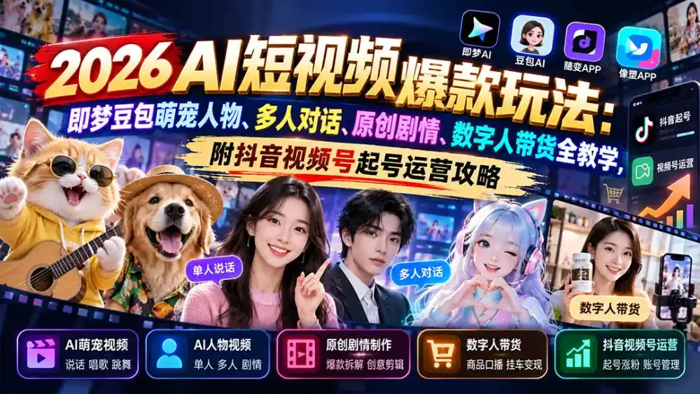 2026AI短视频爆款玩法：即梦豆包萌宠人物、多人对话、原创剧情、数字人带货全教学，附抖音视频号起号运营攻略-三禾网络