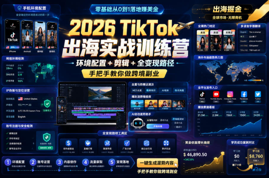 2026 TikTok出海实战训练营，环境配置 + 剪辑 + 全变现路径，手把手教你做跨境副业-三禾网络