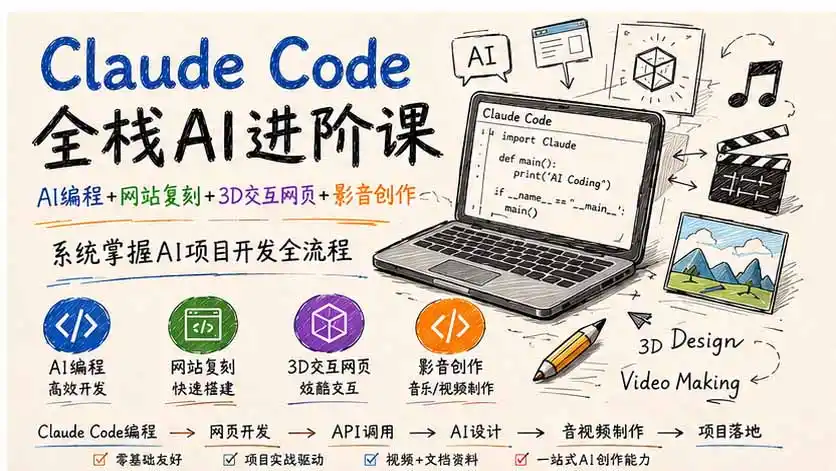 Claude Code全栈AI进阶课-更新；AI编程+网站复刻+3D交互网页+影音创作，系统掌握AI项目开发全流程-三禾网络