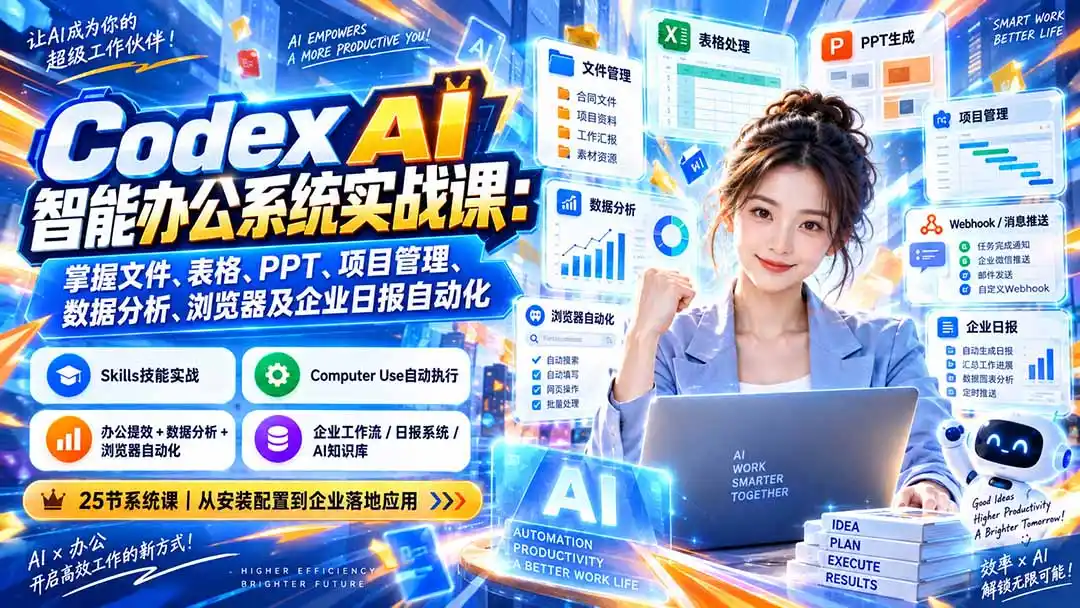 Codex AI智能办公系统实战课：掌握文件、表格、PPT、项目管理、数据分析、浏览器及企业日报自动化-三禾网络