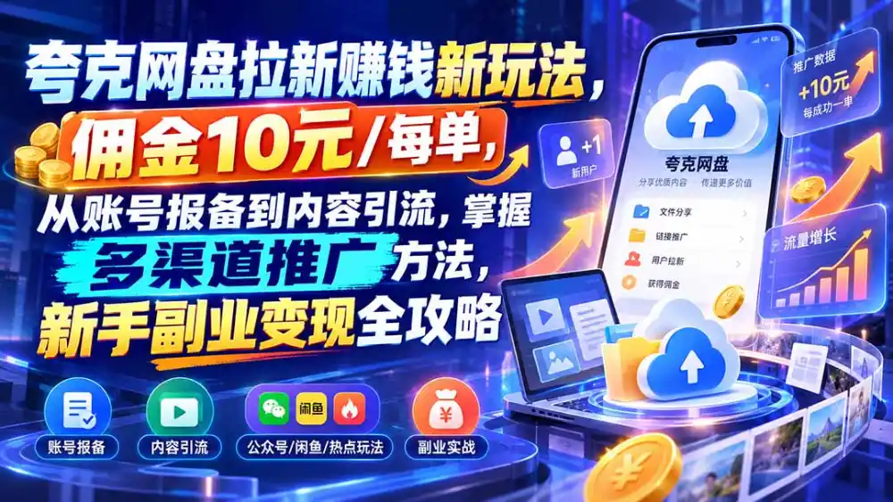 夸克网盘拉新赚钱新玩法，佣金10元/每单，从账号报备到内容引流，掌握多渠道推广方法，新手副业变现全攻略-三禾网络