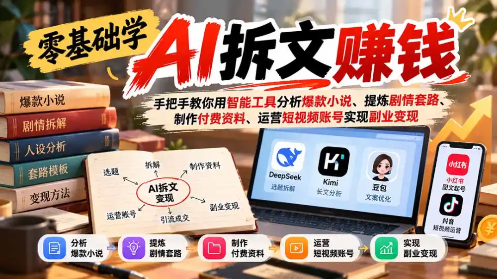 零基础学AI拆文赚钱：手把手教你用智能工具分析爆款小说、提炼剧情套路、制作付费资料、运营短视频账号实现副业变现-三禾网络