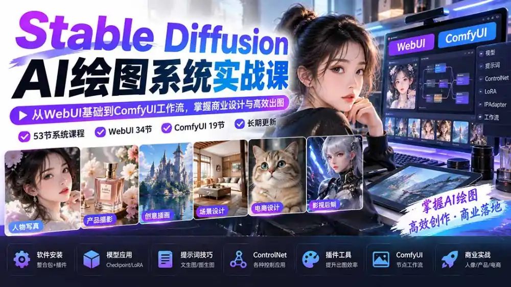 【无水印】Stable Diffusion AI绘图系统实战课：从WebUI基础到ComfyUI工作流，掌握商业设计与高效出图-三禾网络