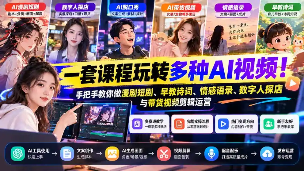 【无水印】一套课程玩转多种AI视频！手把手教你做漫剧短剧、早教诗词、情感语录、数字人探店与带货视频剪辑运营-三禾网络