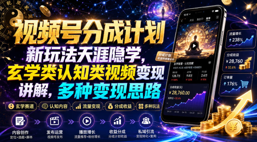 视频号分成计划新玩法天涯隐学，玄学类认知类视频变现讲解，多种变现思路-三禾网络