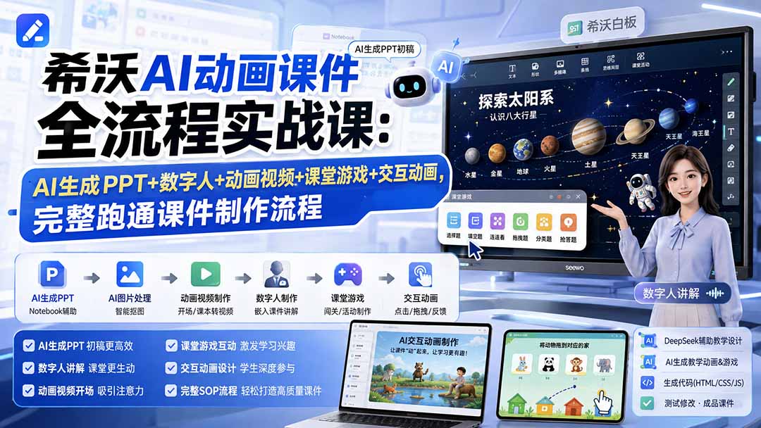 希沃AI动画课件全流程实战课：AI生成PPT+数字人+动画视频+课堂游戏+交互动画，完整跑通课件制作流程-三禾网络