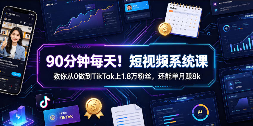 90分钟每天！短视频系统课教你从0做到TikTok上1.8万粉丝，还能单月賺8k【原创双语字幕】-三禾网络