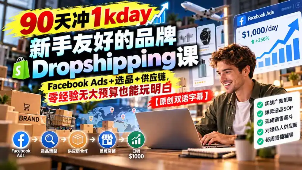 90天冲1kday 新手友好的品牌Dropshipping课：Facebook Ads+选品+供应链，零经验无大预算也能玩明白【原创双语字幕】-三禾网络