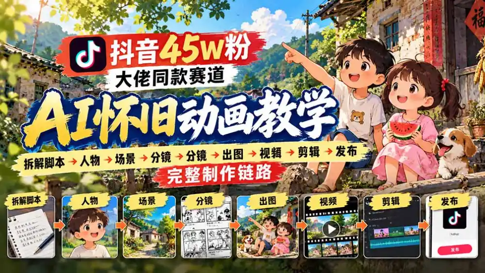 抖音45W粉大佬同款赛道AI怀旧动画教学：拆解脚本→人物→场景→分镜→出图→视频→剪辑→发布完整制作链路-三禾网络