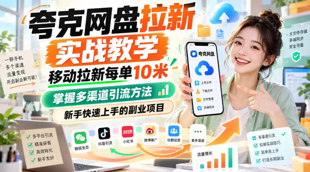 夸克网盘拉新实战教学，移动拉新每单10米，掌握多渠道引流方法，新手快速上手的副业项目(更新1017)-三禾网络