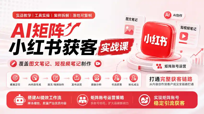 AI矩阵小红书获客实战课，覆盖图文笔记、短视频笔记制作，打通完整获客链路，搭建AI提效工作流，实现矩阵账号稳定引流获客-三禾网络