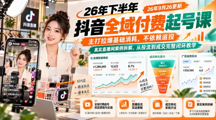 26年下半年抖音全域付费起号课，主打拉爆基础消耗，不依赖追投，真实直播间案例拆解，从投流到成交完整闭环教学(更新1019)-三禾网络