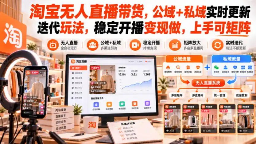 淘宝无人直播带货，公域+私域实时更新迭代玩法，稳定开播变现做，上手可矩阵【揭秘】-三禾网络