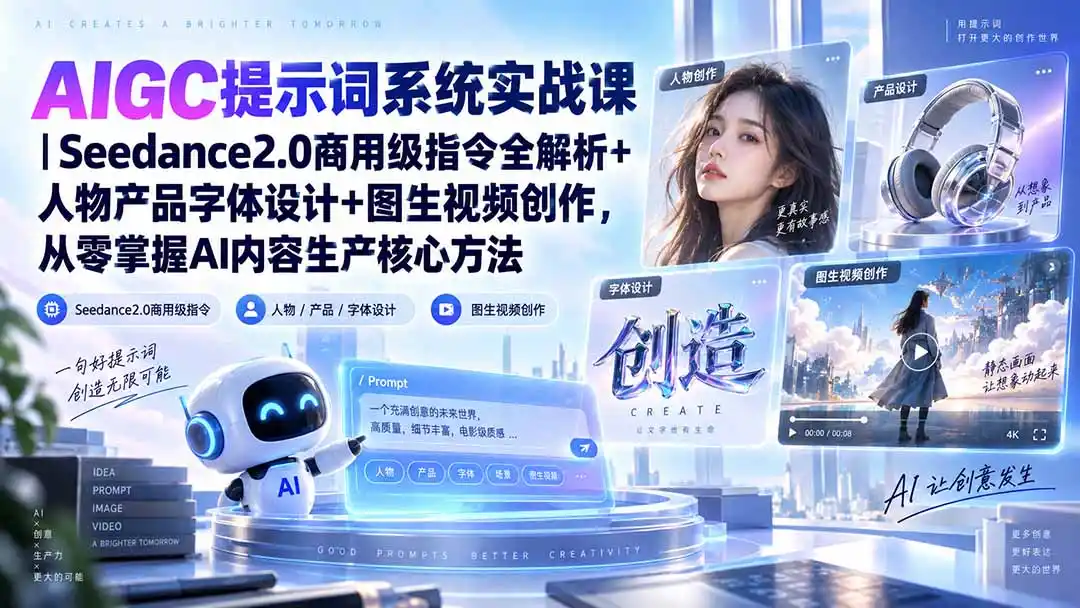 AIGC提示词系统实战课-无水印｜Seedance2.0商用级指令全解析+人物产品字体设计+图生视频创作，掌握AI内容生产方法-三禾网络