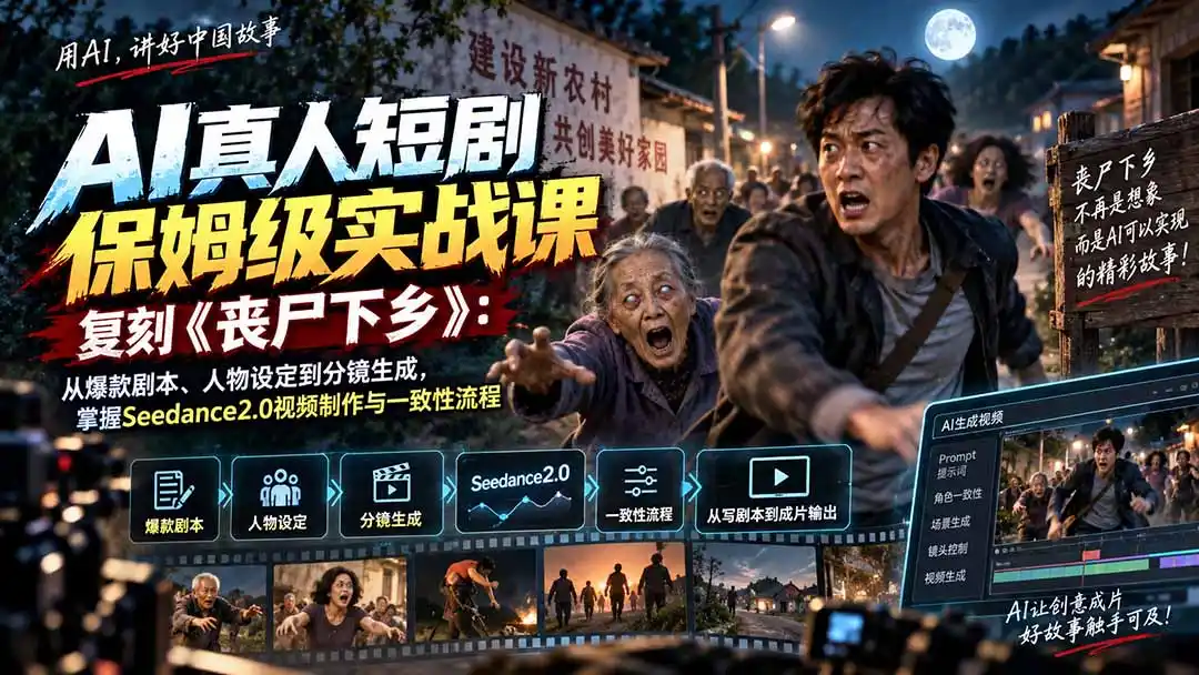 AI真人短剧保姆级实战课，复刻《丧尸下乡》：从爆款剧本、人物设定到分镜生成，掌握Seedance2.0视频制作与一致性流程-三禾网络