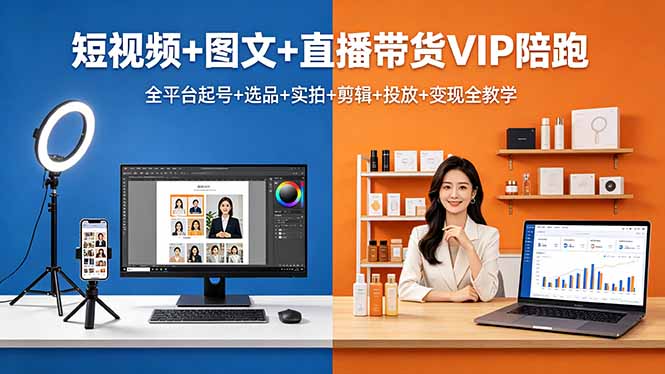 短视频+图文+直播带货VIP陪跑，全平台起号+选品+实拍+剪辑+投放+变现全教学-三禾网络