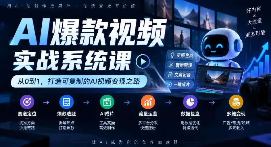 AI爆款视频实战系统课|赛道定位、爆款选题、AI成片、流量运营、数据复盘、多维变现全链路教学 AI爆款视频实战系统课|赛道定位、爆款选题、AI成片、流量运营、数据复盘、多维变现全链路教学