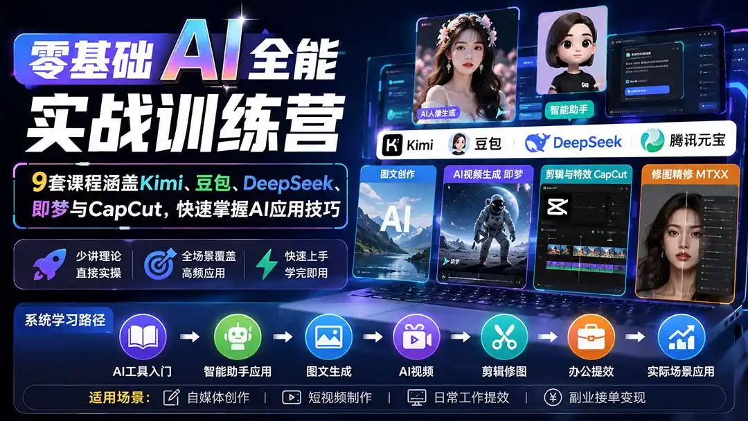 零基础AI全能实战训练营：9套课程涵盖Kimi、豆包、DeepSeek、即梦与CapCut，快速掌握AI应用技巧-三禾网络