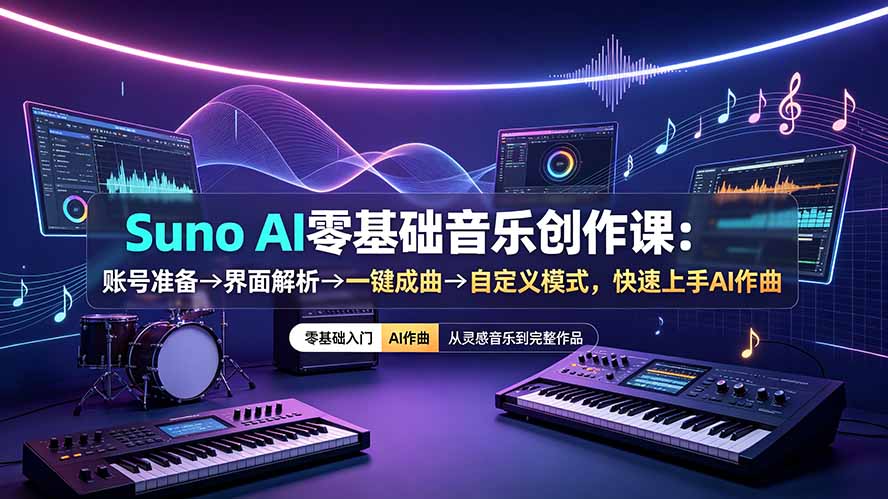 Suno AI零基础音乐创作课:账号准备→界面解析→一键成曲→自定义模式,快速上手AI作曲-三禾网络