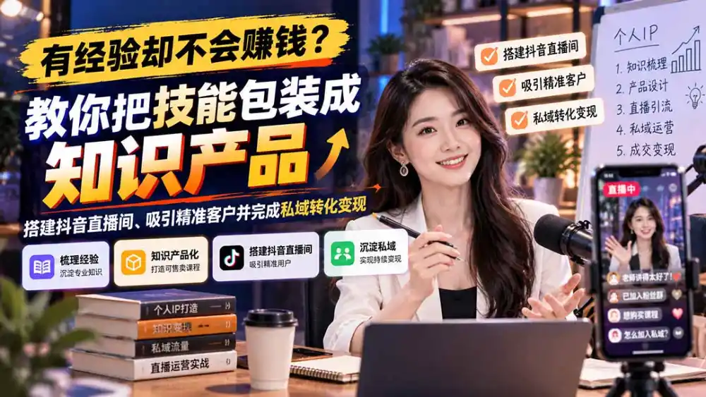 有经验却不会赚钱？教你把技能包装成知识产品，搭建抖音直播间、吸引精准客户并完成私域转化变现-三禾网络