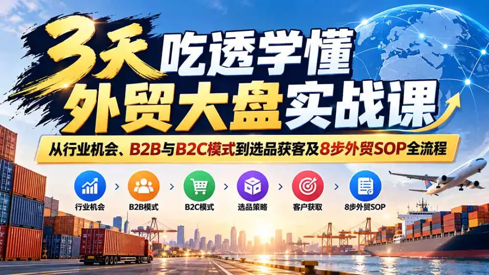 3天吃透学懂外贸大盘实战课：从行业机会、B2B与B2C模式到选品获客及8步外贸SOP全流程-三禾网络