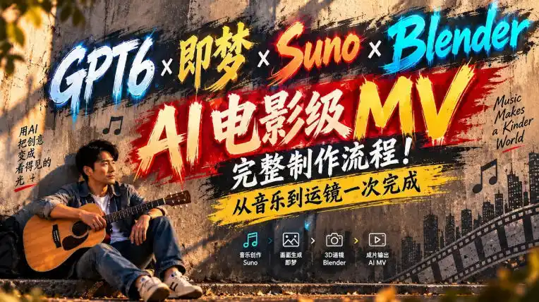 GPT6×即梦×Suno×Blender｜AI电影级MV完整制作流程！从音乐到运镜一次完成！-三禾网络