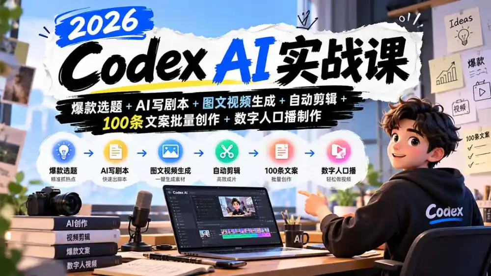 2026Codex AI实战课：爆款选题+AI写剧本+图文视频生成+自动剪辑+100条文案批量创作+数字人口播制作-三禾网络