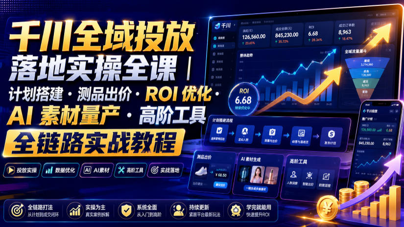 千川全域投放落地实操全课｜计划搭建・测品出价・ROI优化・AI素材量产・高阶工具全链路实战教程-三禾网络
