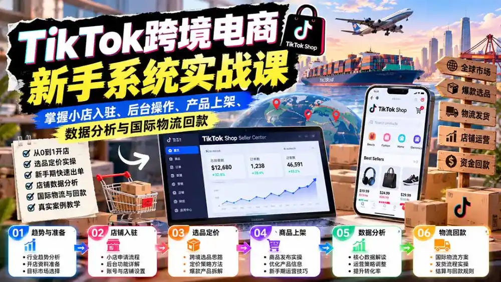TikTok跨境电商新手系统实战课：掌握小店入驻、后台操作、产品上架、数据分析与国际物流回款-三禾网络