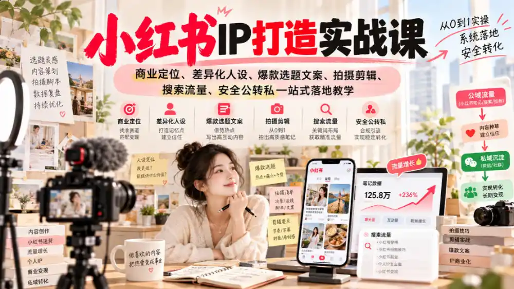 小红书ip打造实战课，商业定位、差异化人设、爆款选题文案、拍摄剪辑、搜索流量、安全公转私一站式落地教学-三禾网络