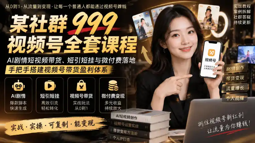 某社群999视频号全套课程，AI剧情短视频带货、短引短挂与微付费落地，手把手搭建视频号带货盈利体系-三禾网络