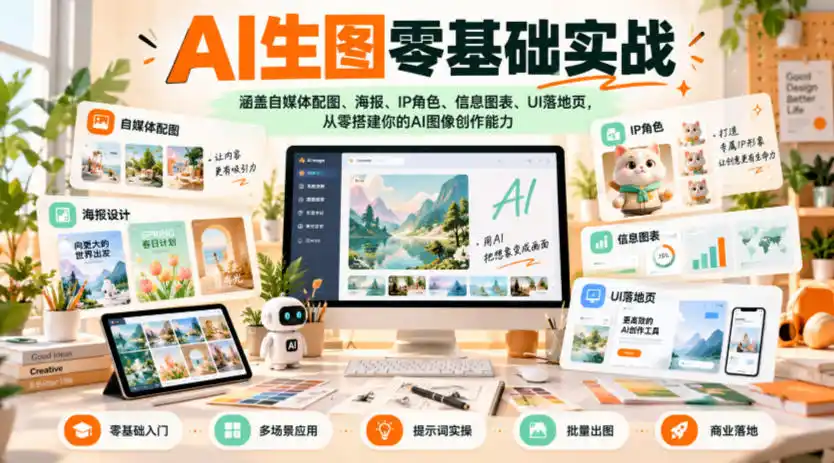 AI生图零基础实战，涵盖自媒体配图、海报、IP角色、信息图表、UI落地页，从零搭建你的AI图像创作能力-三禾网络