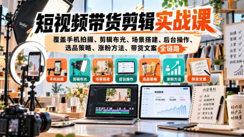 短视频带货剪辑实战课，覆盖手机拍摄、剪辑布光、场景搭建、后台操作、选品策略、涨粉方法、带货文案全链路-三禾网络